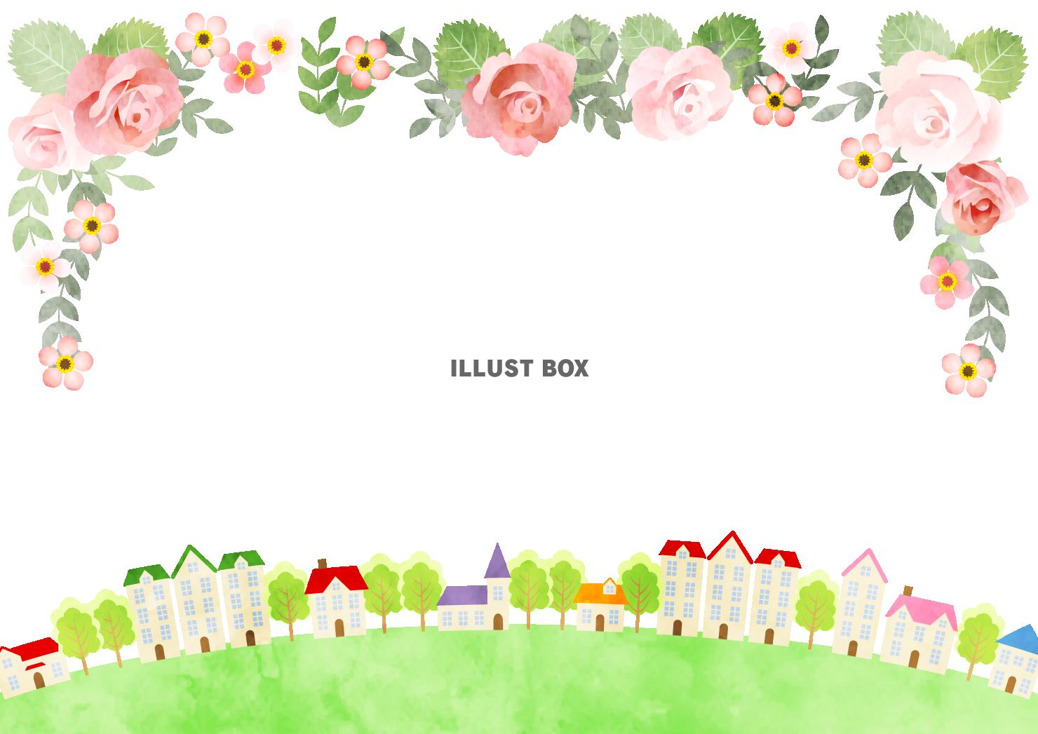 バラ、背景、水彩、枠、街並み、横