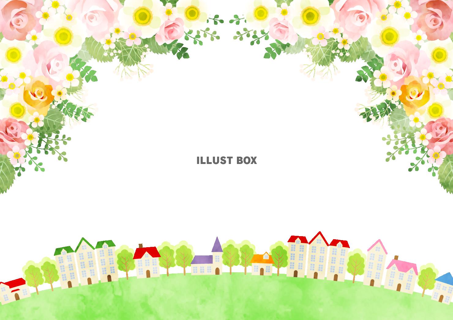 花束、背景、水彩、枠、街並み、横