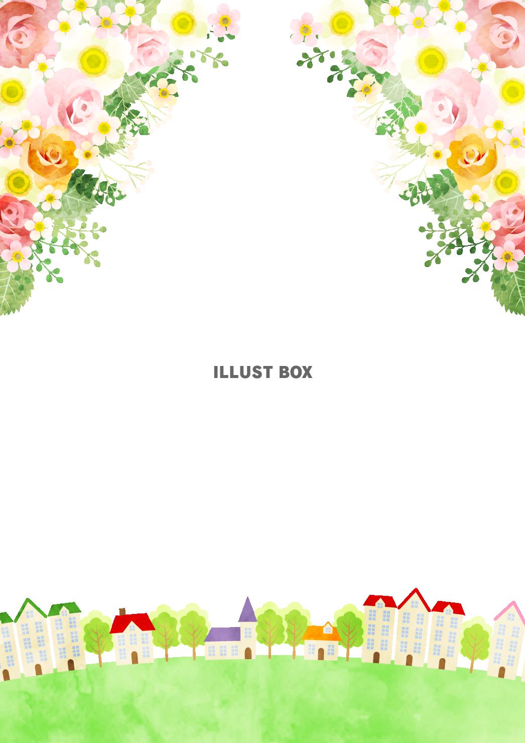 花束、背景、水彩、枠、街並み、縦