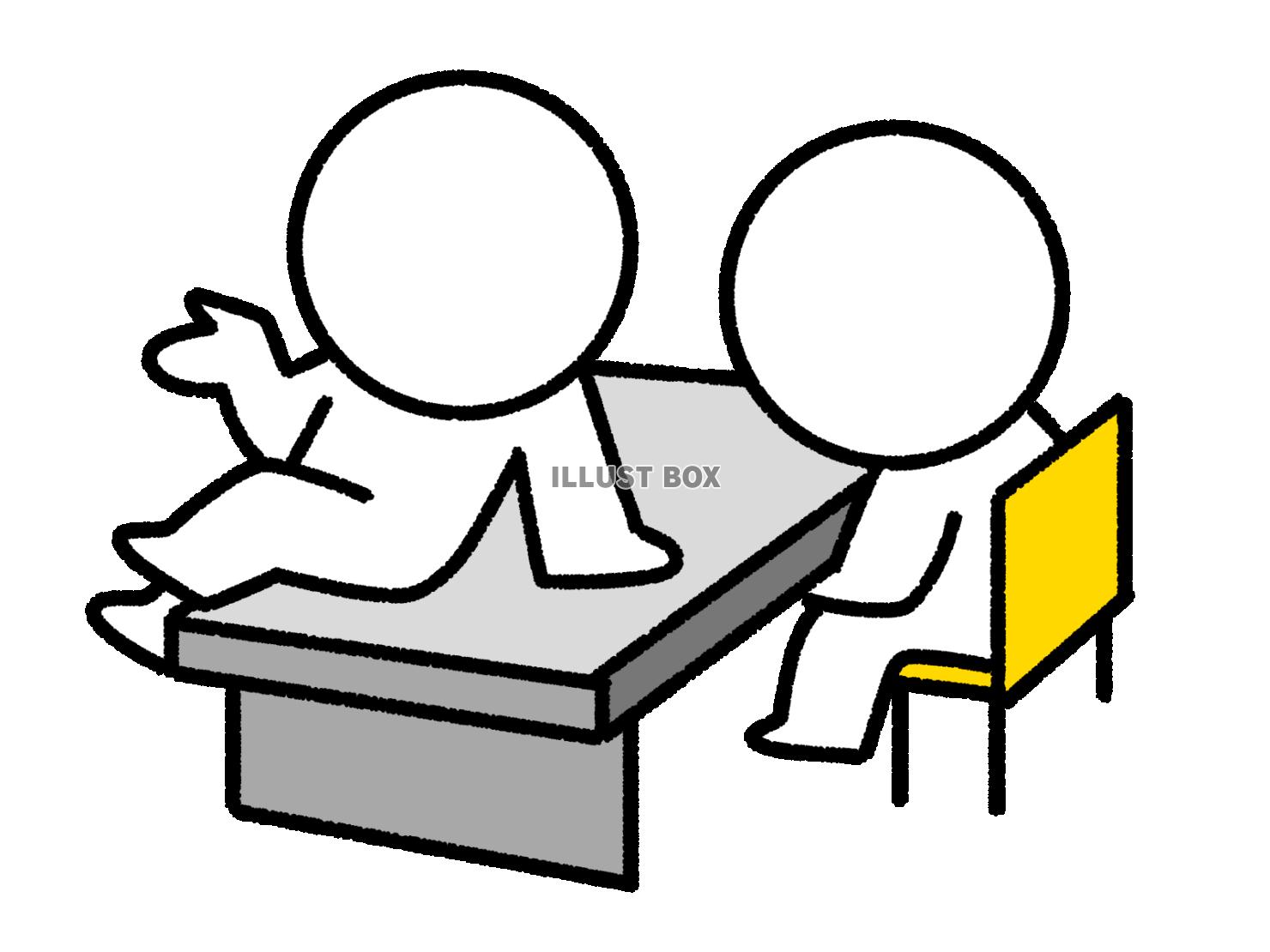 机に座って話しかける棒人間