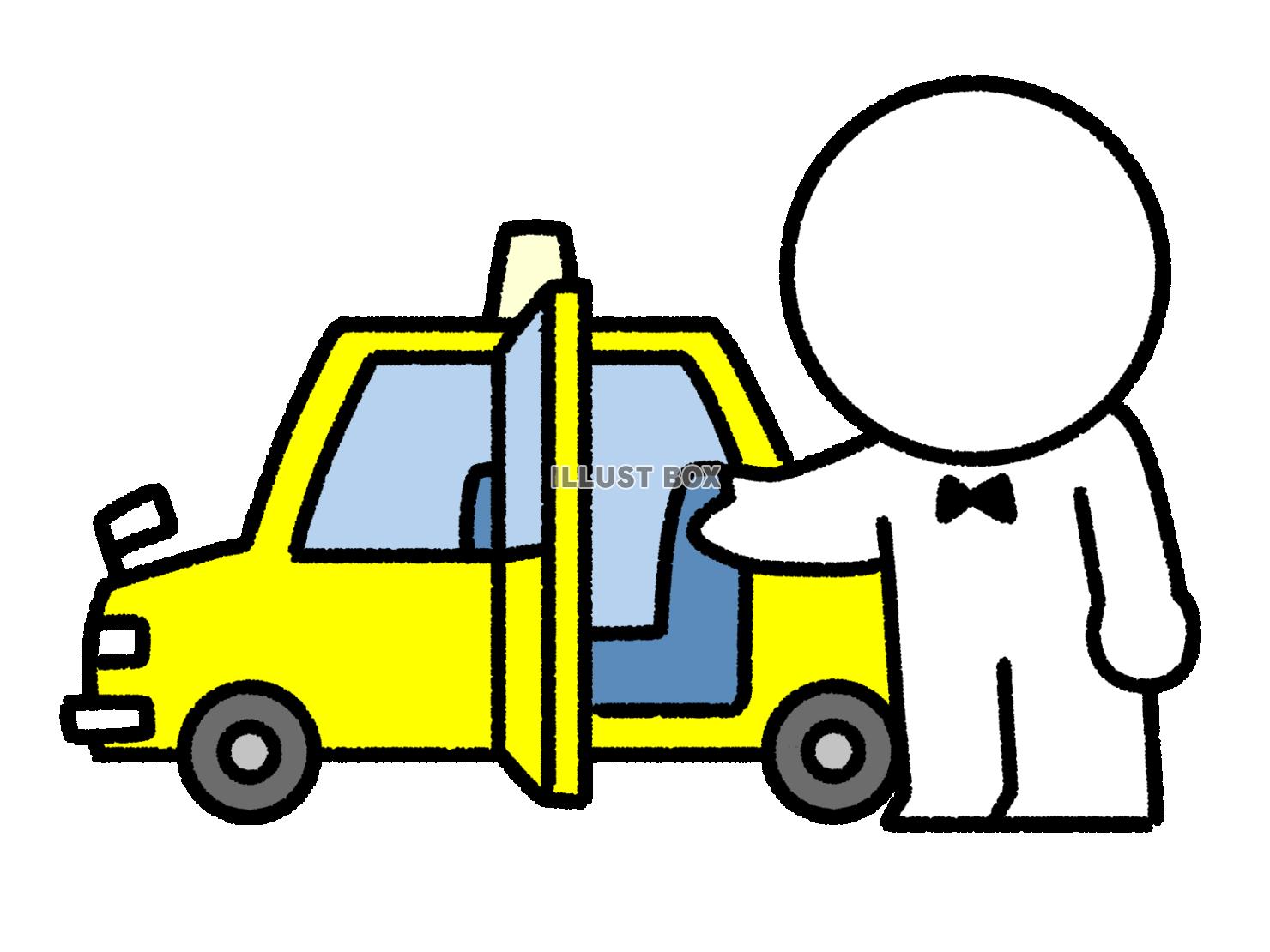 タクシーの扉を開けて登車を促す棒人間