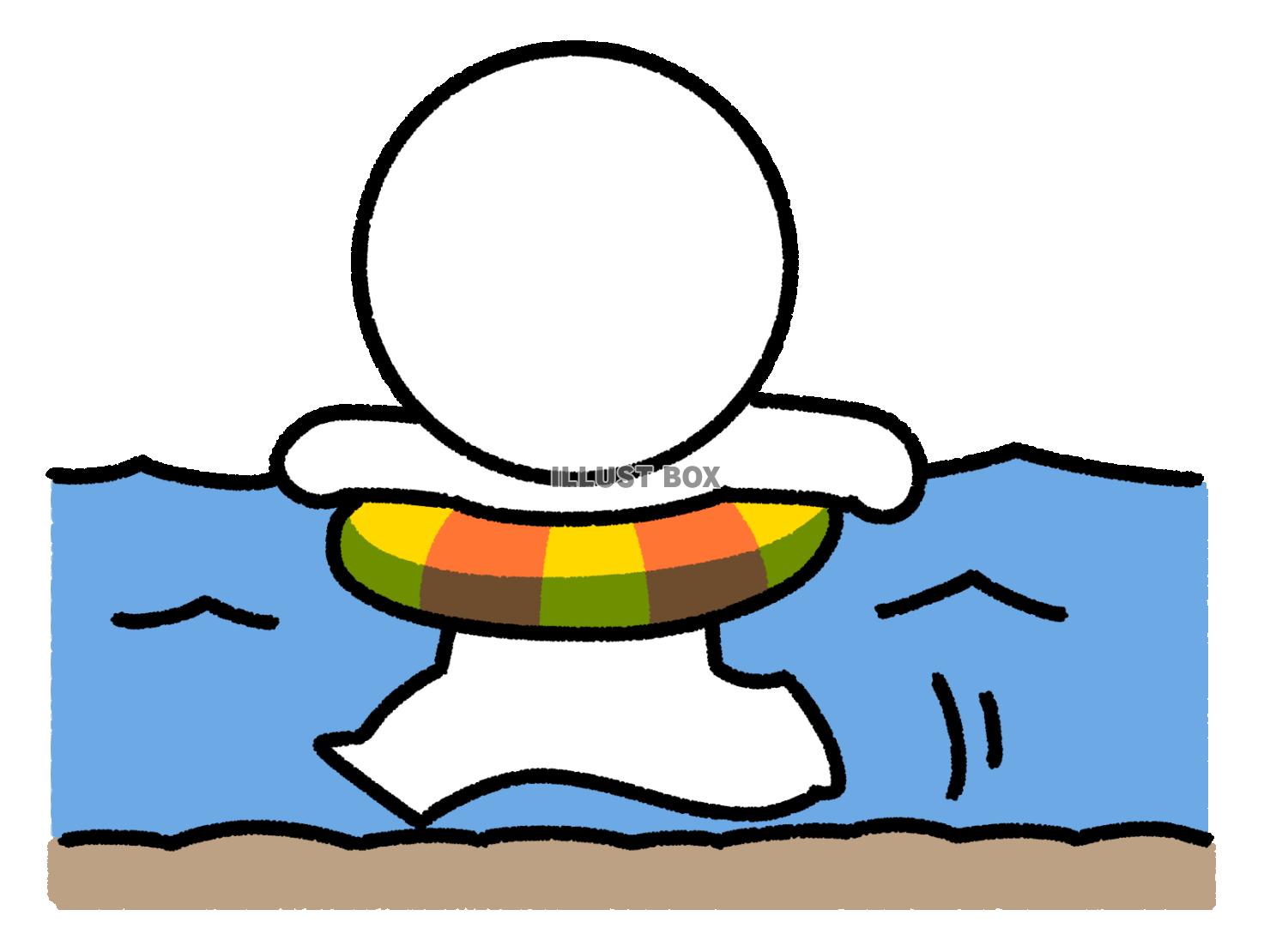 浮き輪に入って海を歩く棒人間