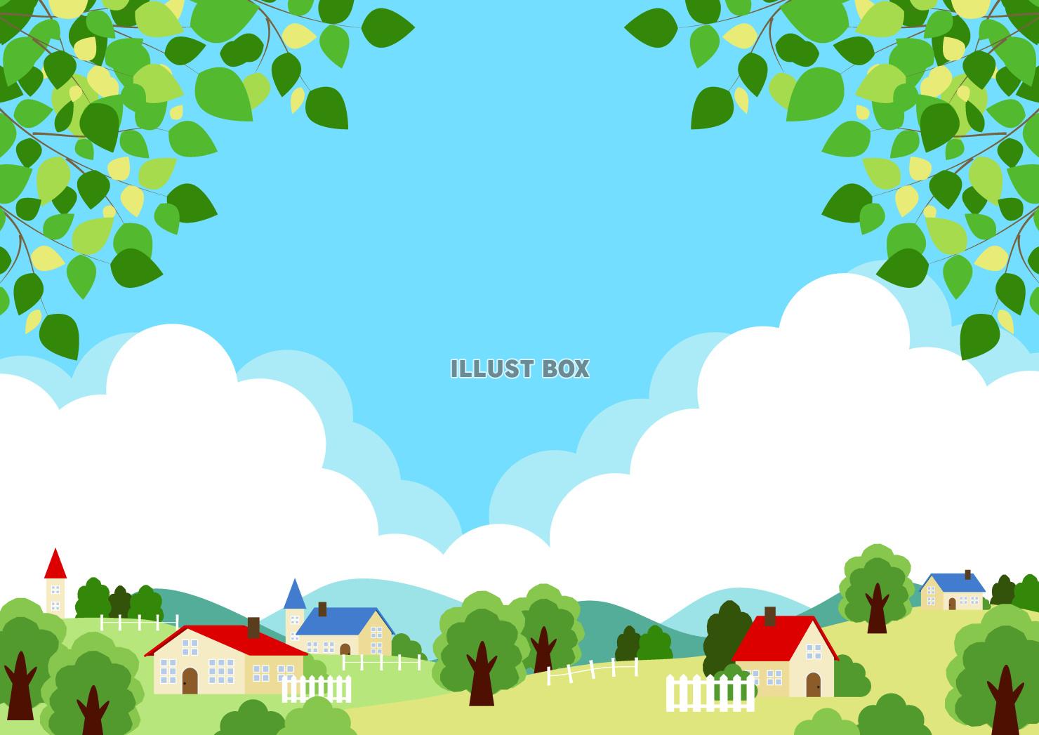 牧場、里山、村、家、初夏、横