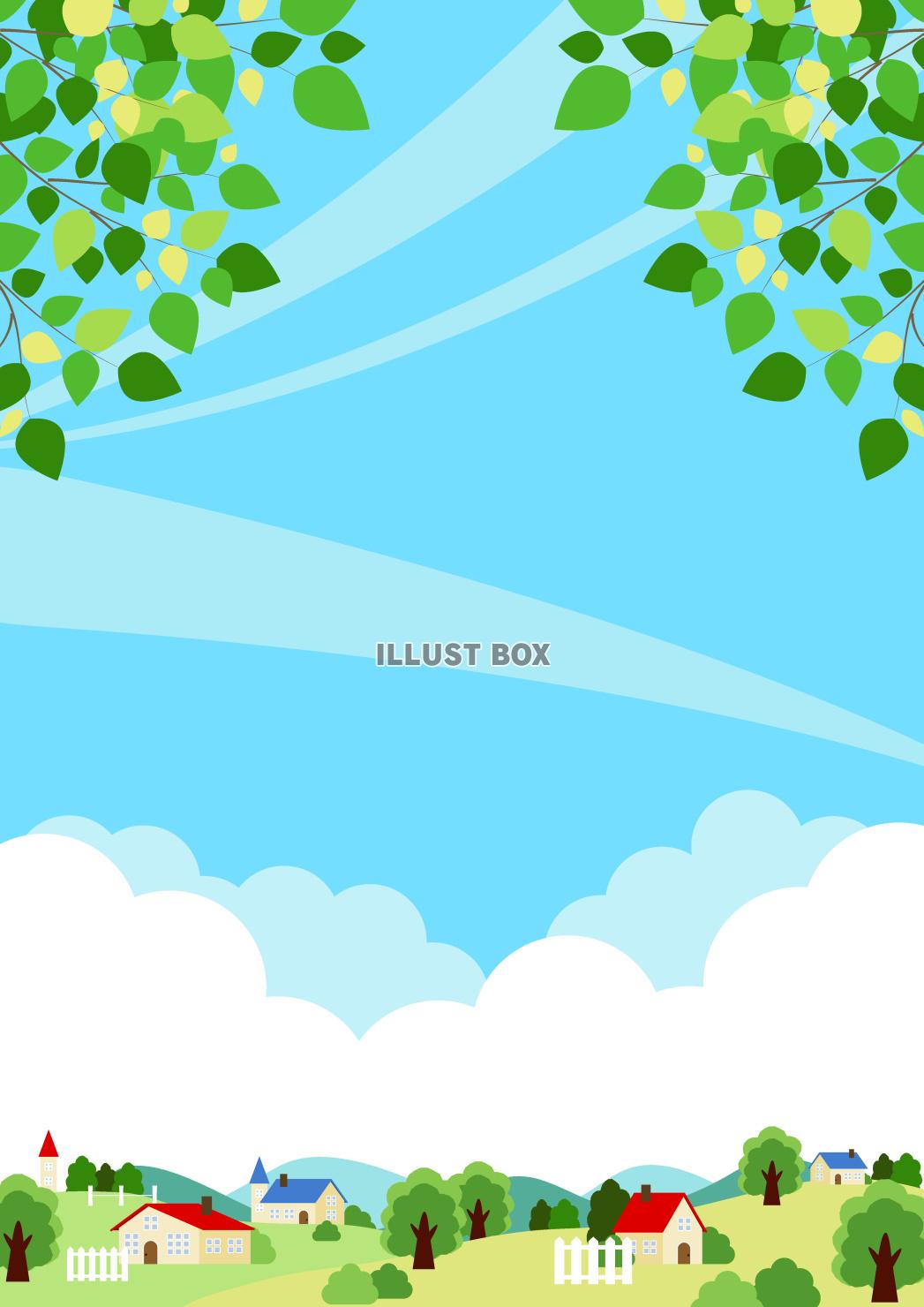 牧場、里山、村、家、初夏、縦