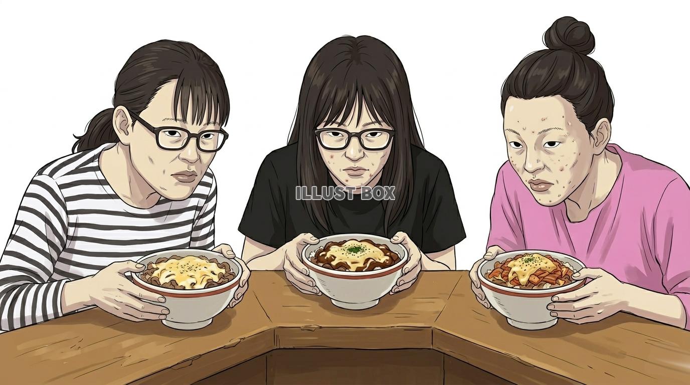 【コンジョ】チーズ牛丼を見つめるチー牛困難女性