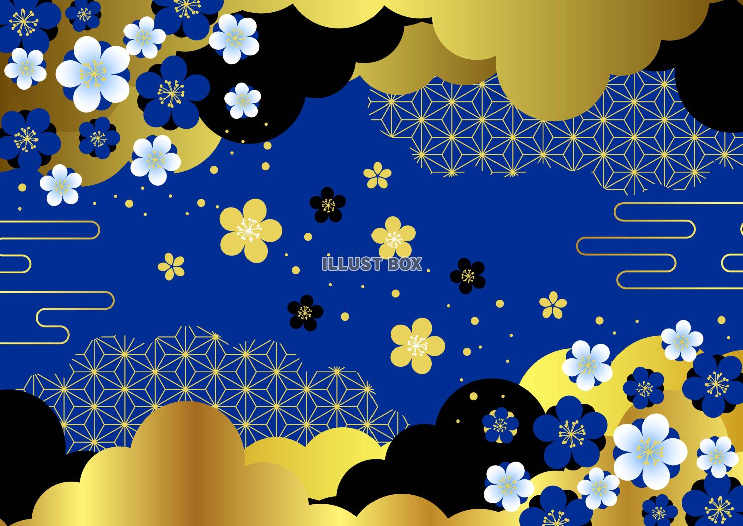 雲と梅の和風春背景・横・青地に黒金