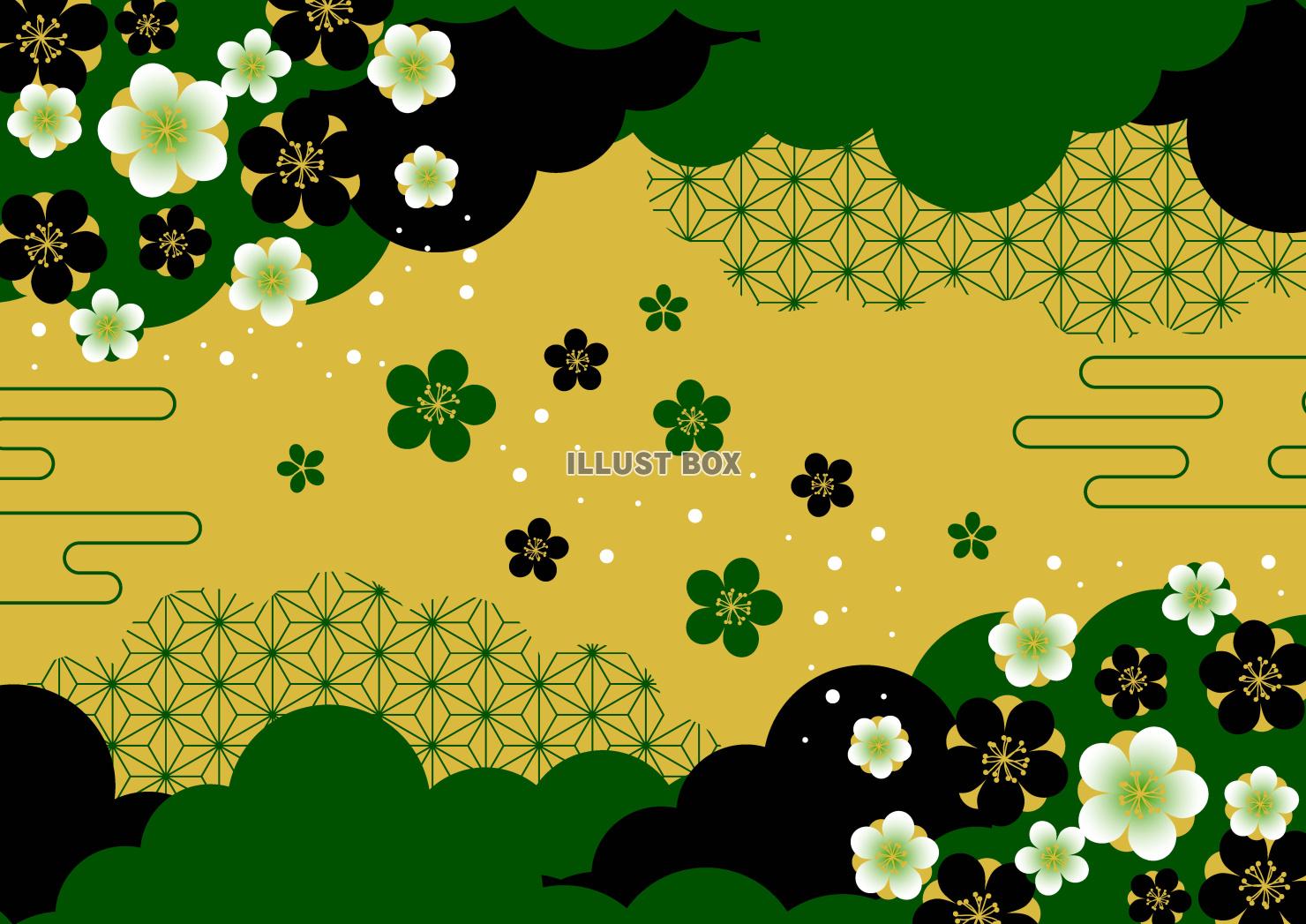 雲と梅の和風春背景・横・金地に緑黒
