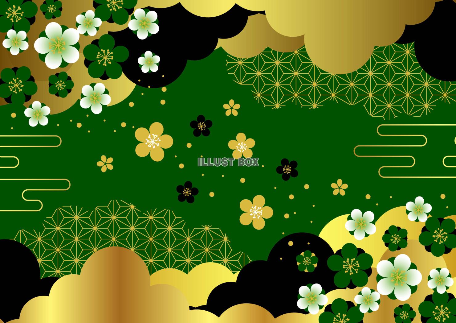 雲と梅の和風春背景・横・緑地に金黒