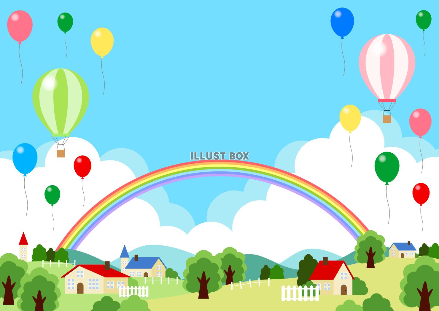 牧場、里山、村、家、気球、虹、横