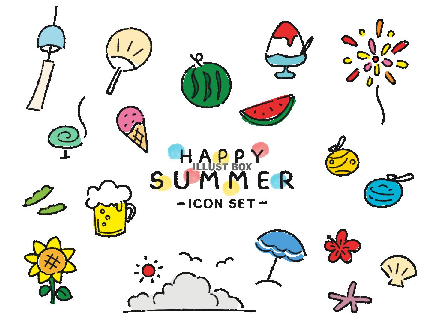 夏の手書きのかわいいイラストセット