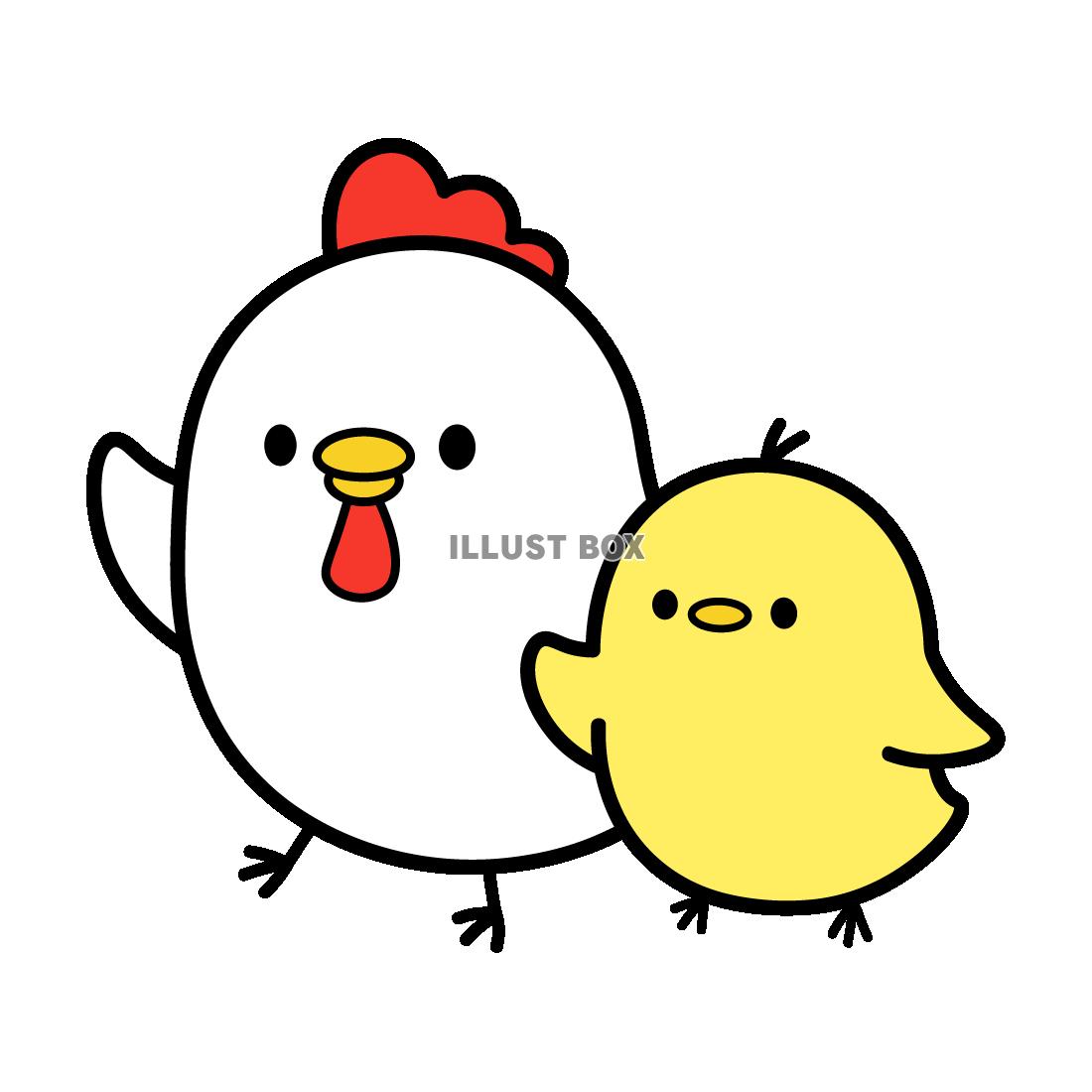 手をあげるにわとりとひよこ