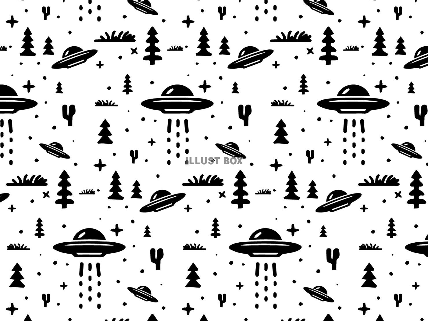 UFOと森のモノトーンパターン背景