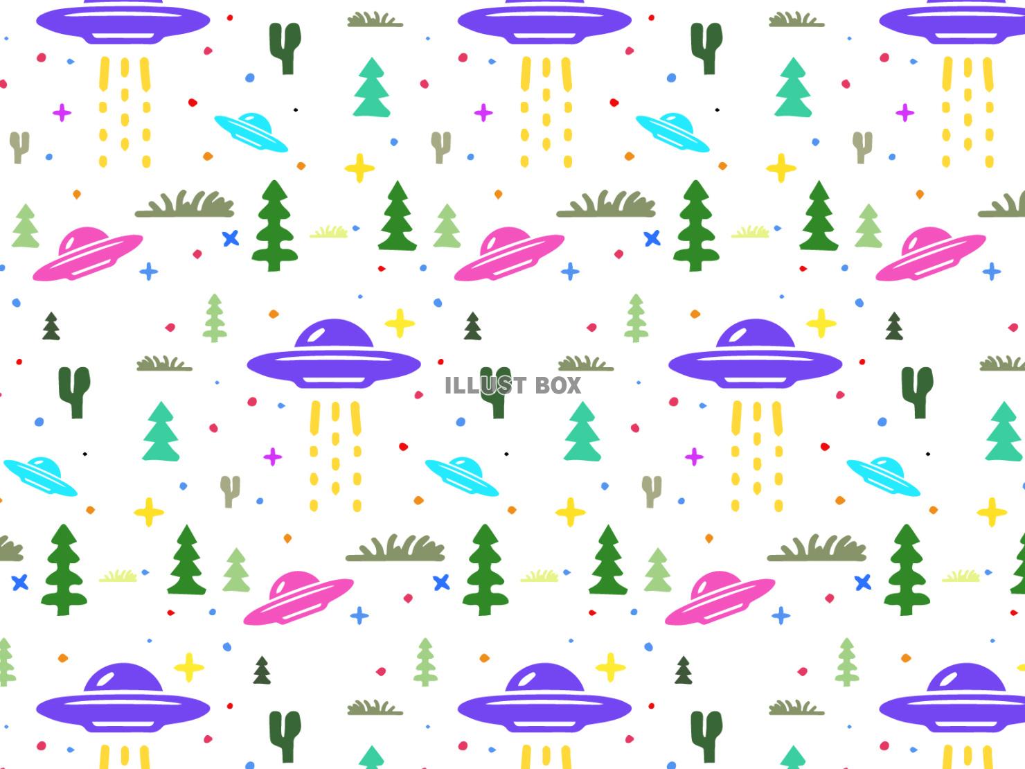UFOと森のカラフルポップなパターン背景