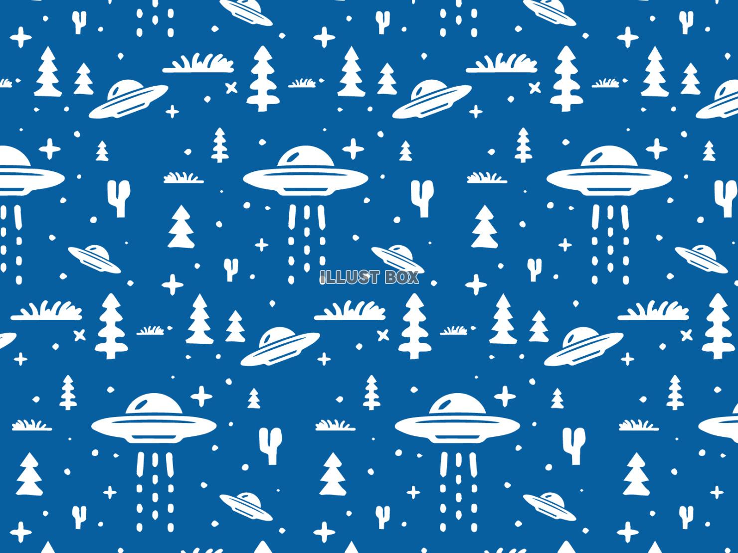 青色背景色のUFOと森のパターン壁紙