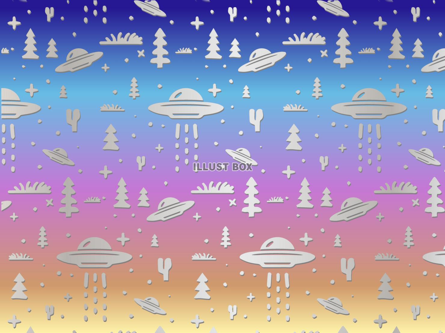 紺色背景色のUFOと森のパターン壁紙