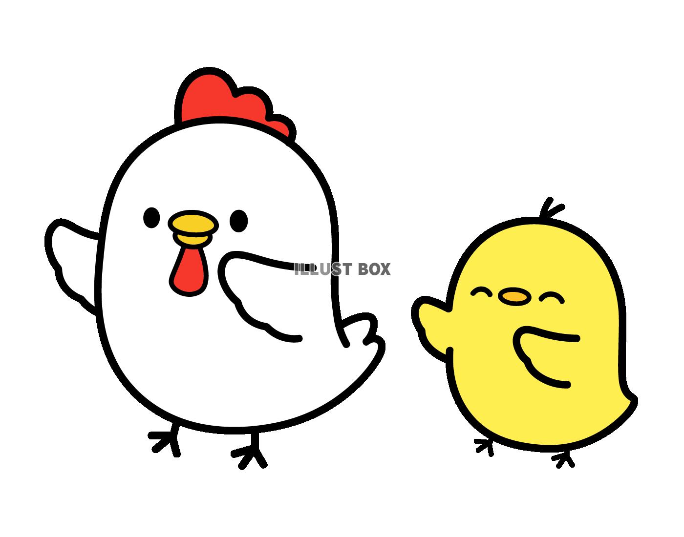 両手をあげるにわとりとひよこ