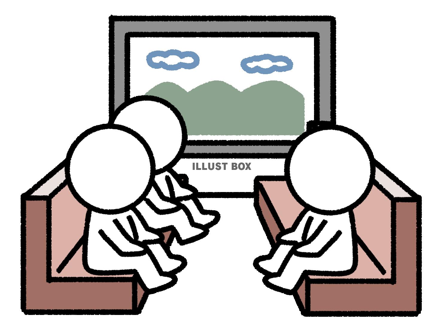 4人用のソファに3人で座る棒人間