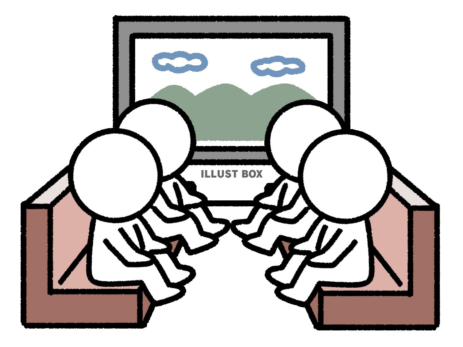 4人用のソファに4人で座る棒人間