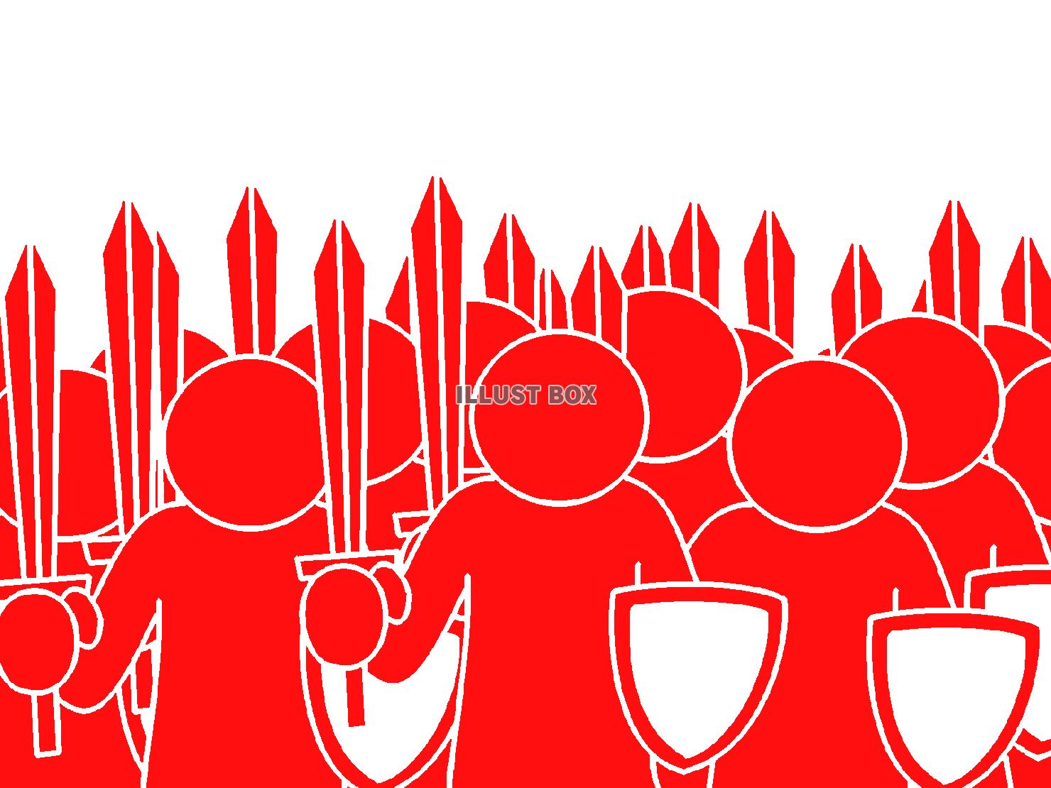 赤色の武装したピクトグラムの軍勢のシルエット