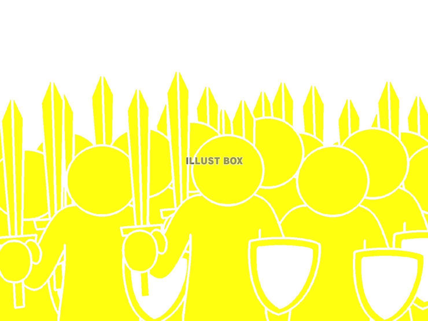 黄色の武装したピクトグラムの軍勢のシルエット