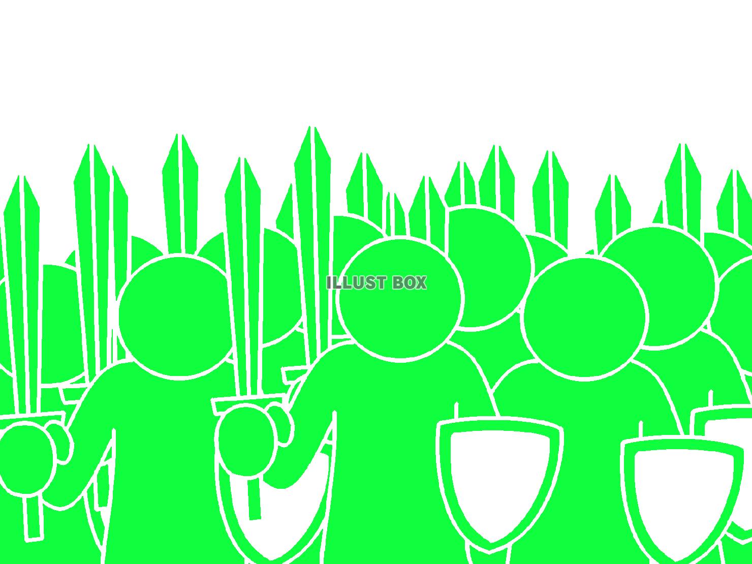 緑色の武装したピクトグラムの軍勢のシルエット