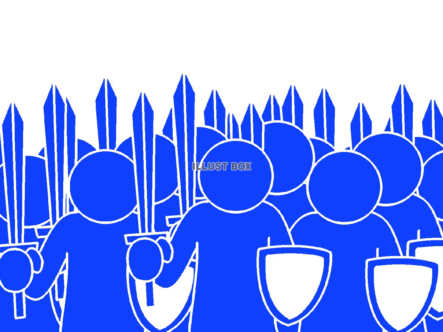 青色の武装したピクトグラムの軍勢のシルエット