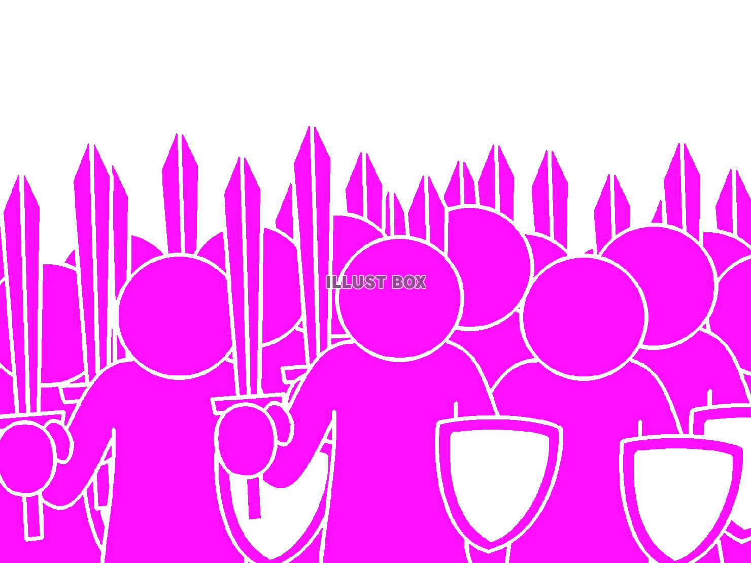 紫色の武装したピクトグラムの軍勢のシルエット