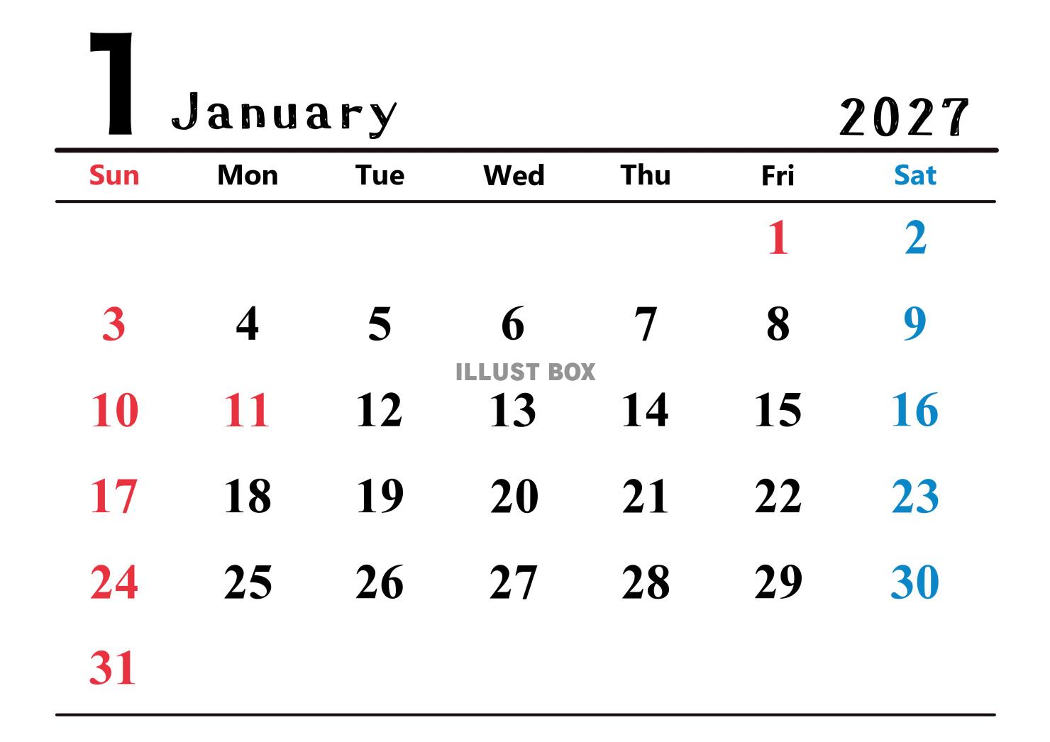 2027年(令和9年)1月カレンダー 横長