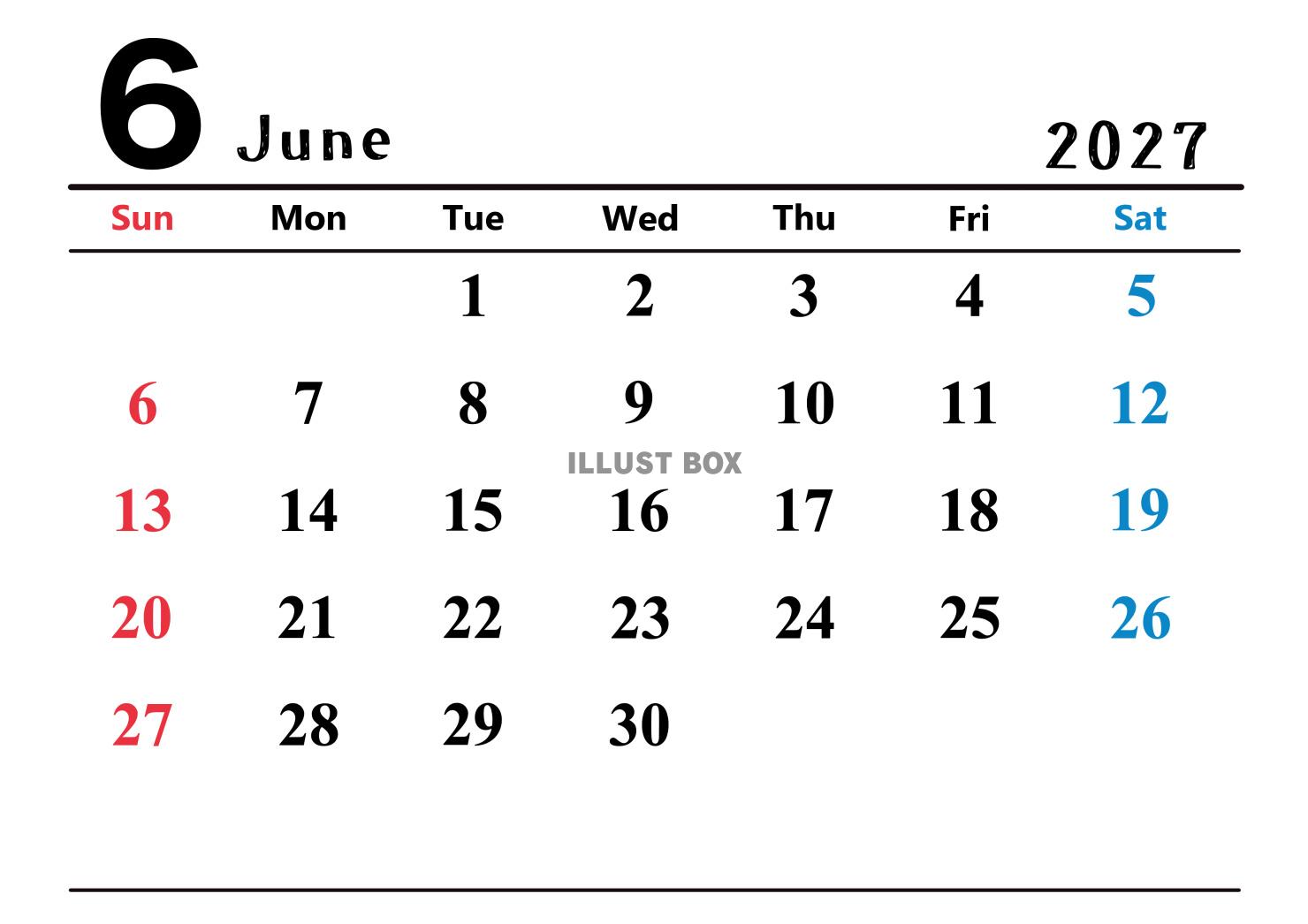 2026年(令和8年)6月カレンダー 横長
