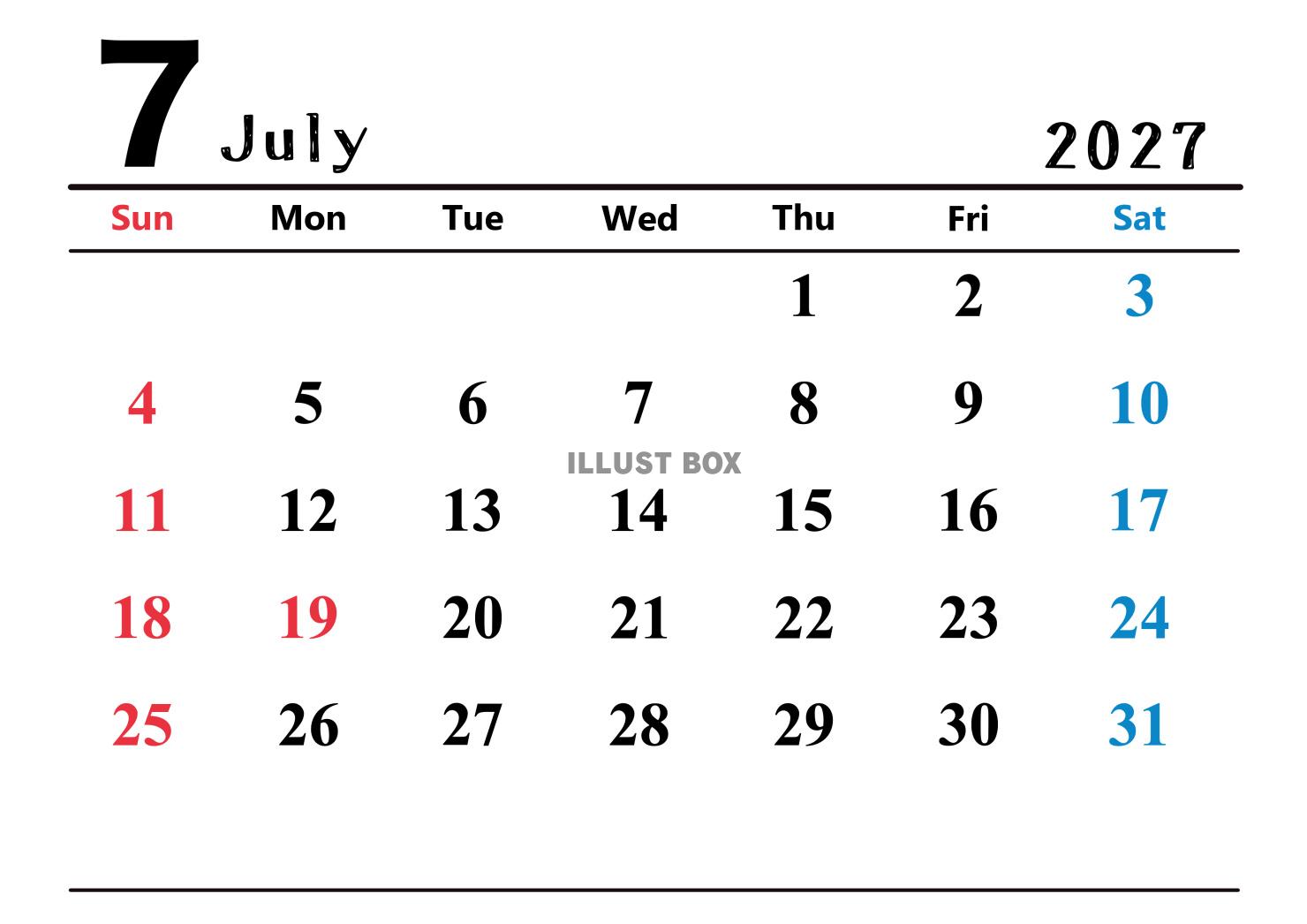 2027年(令和9年)7月カレンダー 横長