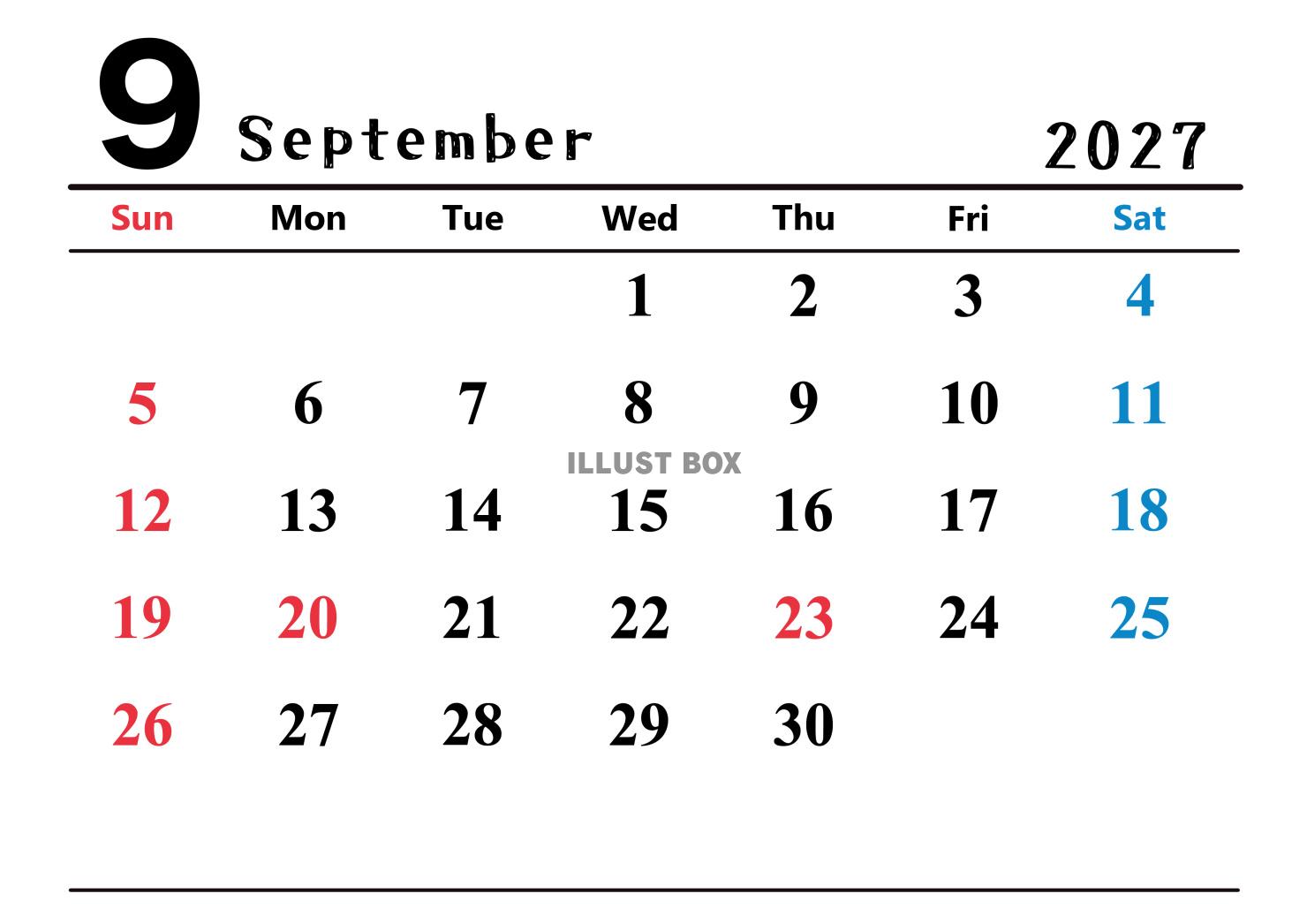 2027年(令和9年)9月カレンダー 横長