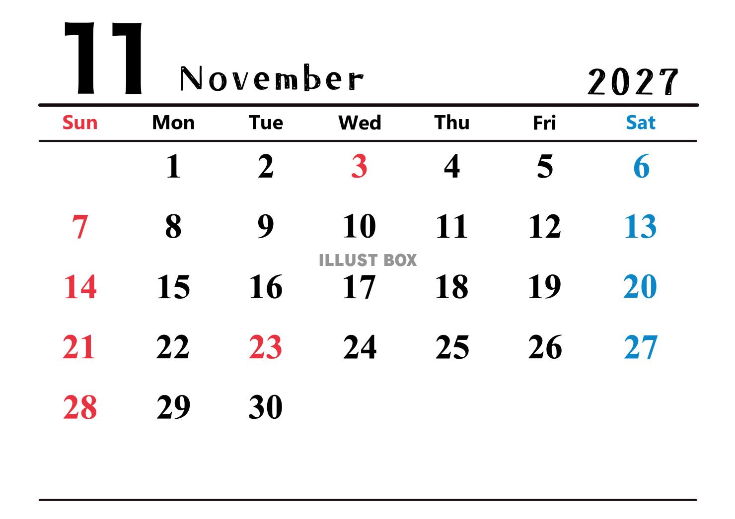 2027年(令和9年)11月カレンダー 横長
