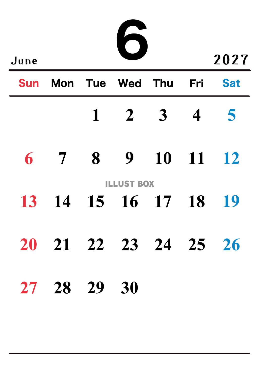 2027年(令和9年)6月カレンダー 縦長