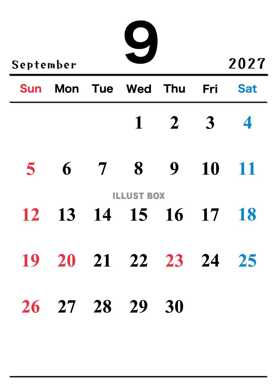 2027年(令和9年)9月カレンダー 縦長