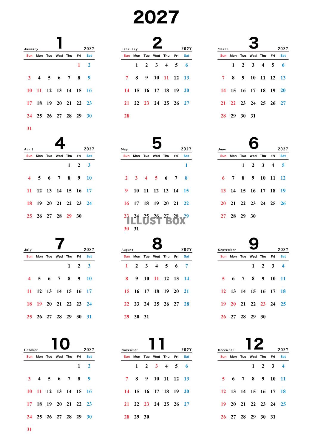 2027年(令和9年)年間カレンダー 縦長