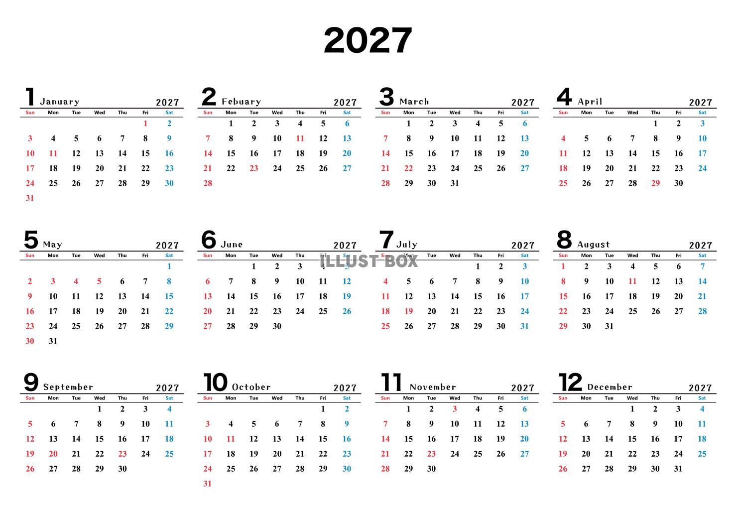 2027年(令和9年)年間カレンダー 横長