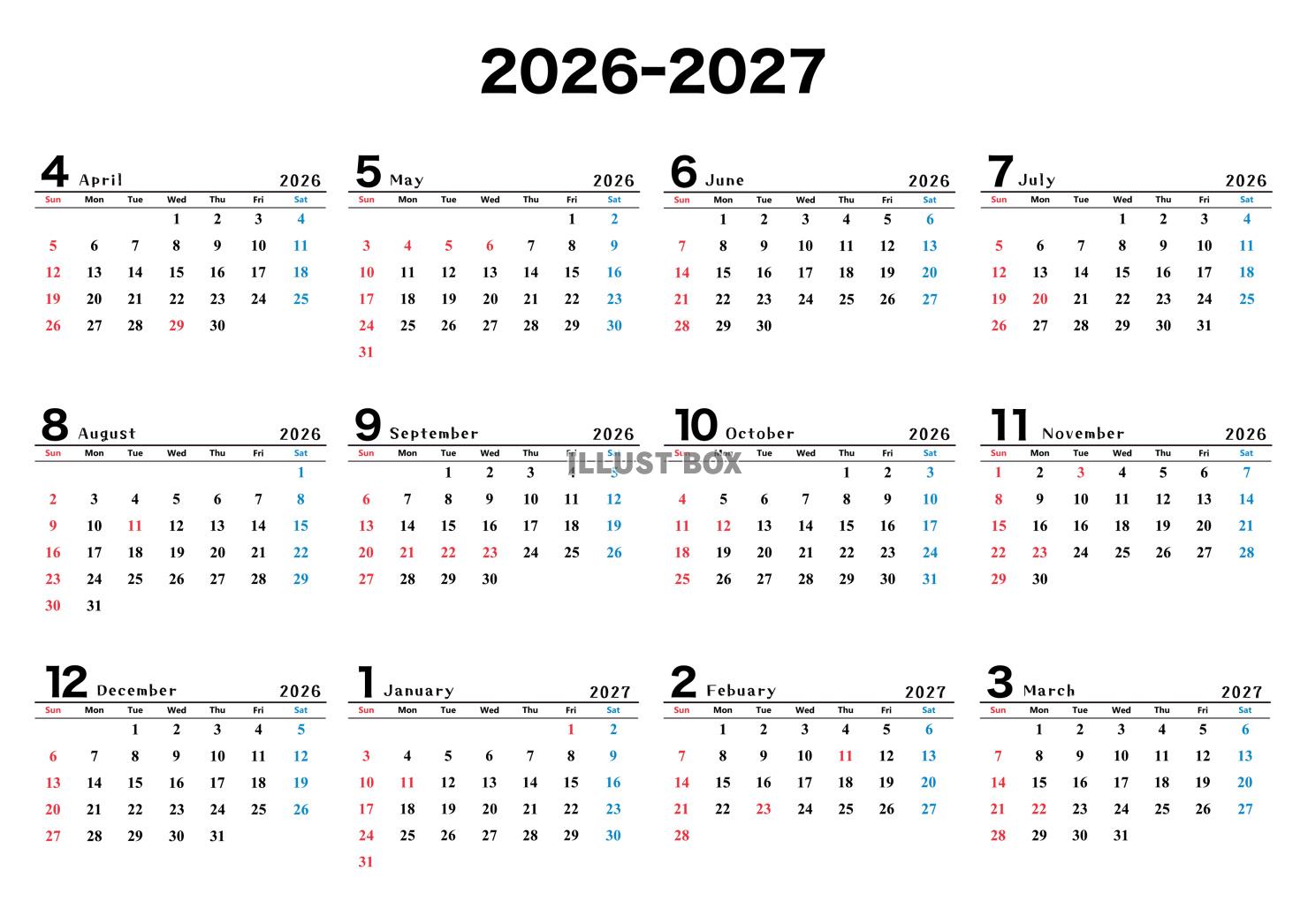2026年度４月始まり年間カレンダー　横長