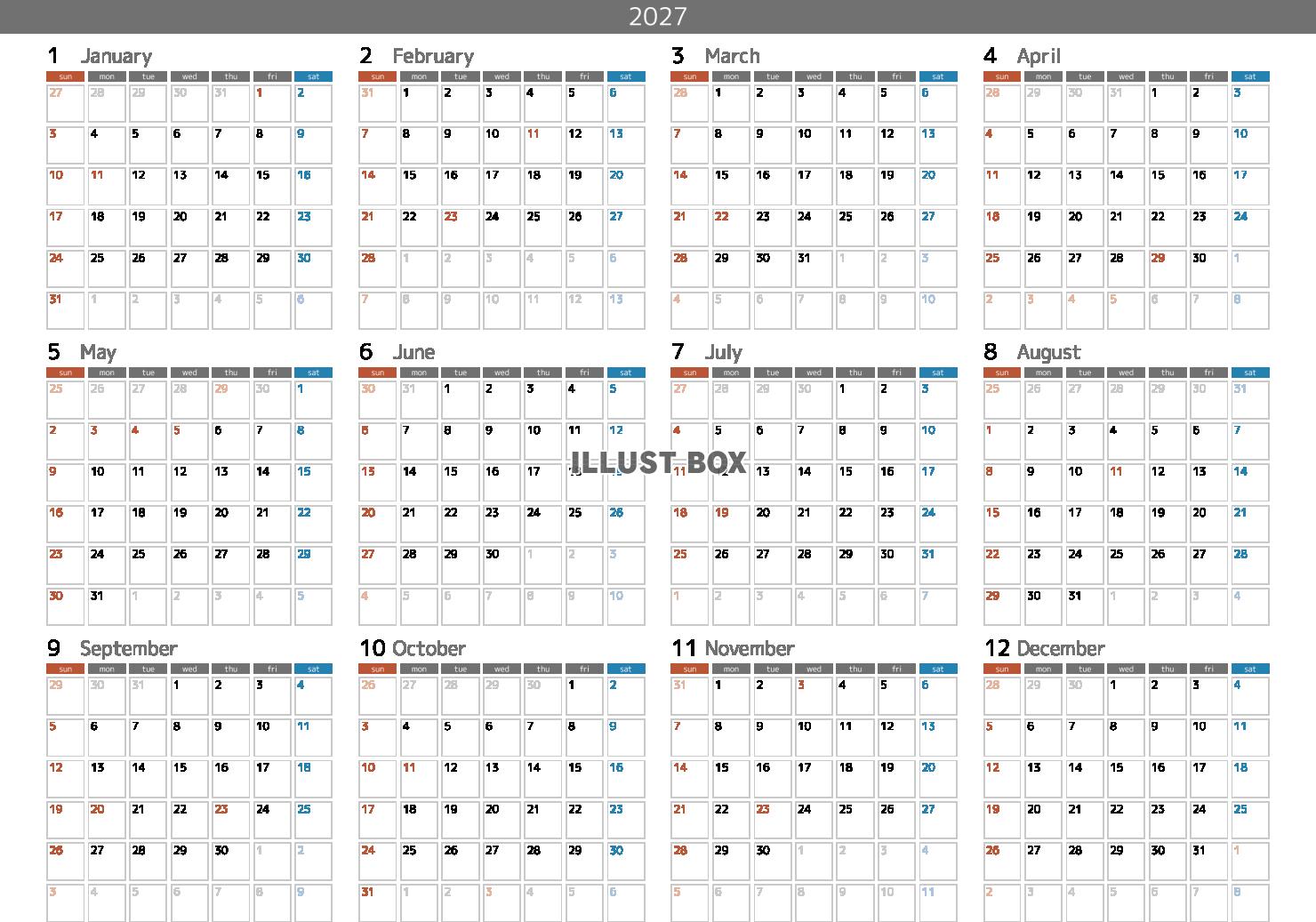 2027年メモスペース付カレンダーセット