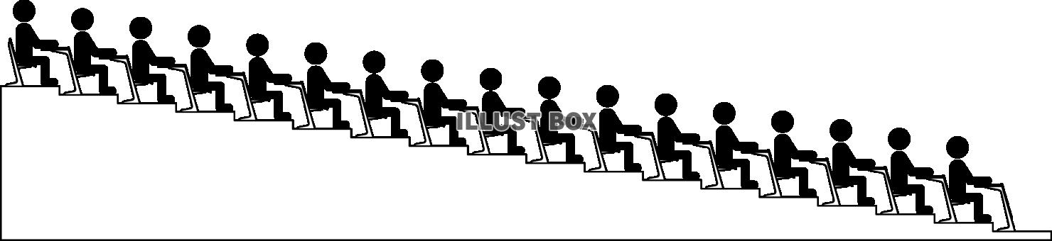 大学等の階段教室の座席に着席する人々
