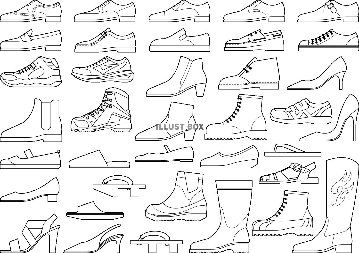 色々な種類の靴のモノクロ線画セット