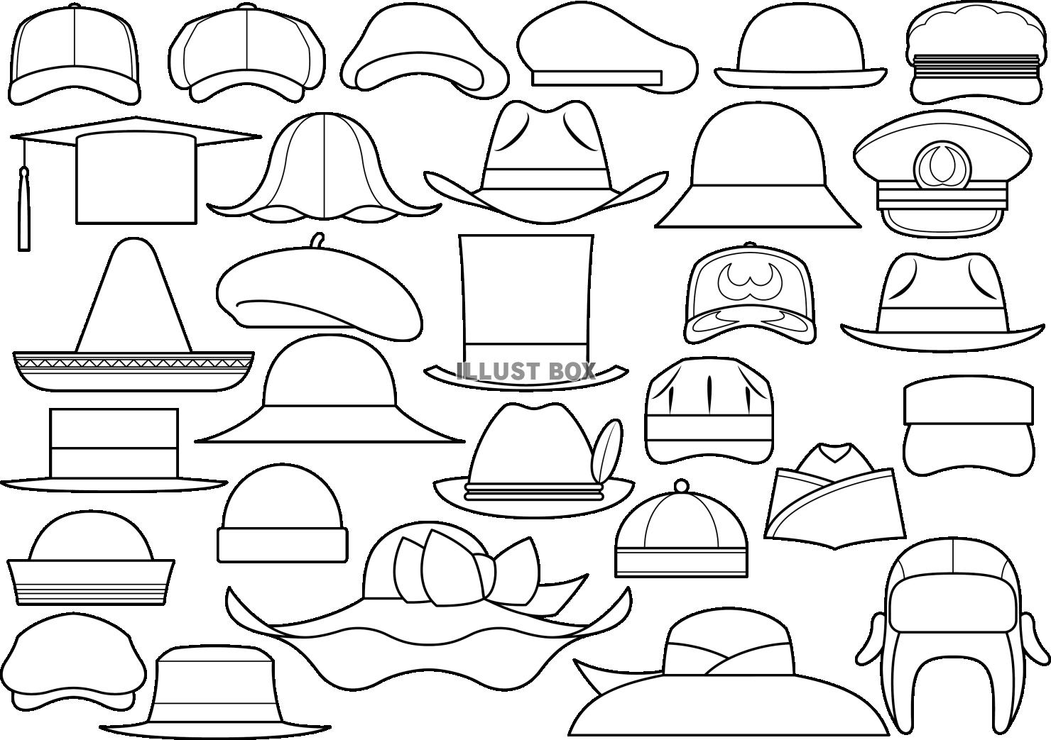 色々な帽子のモノクロ線画イラストセット