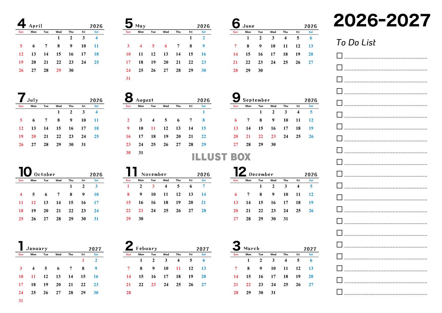2026年度（4月始まり）年間カレンダー ToDoリスト付き...