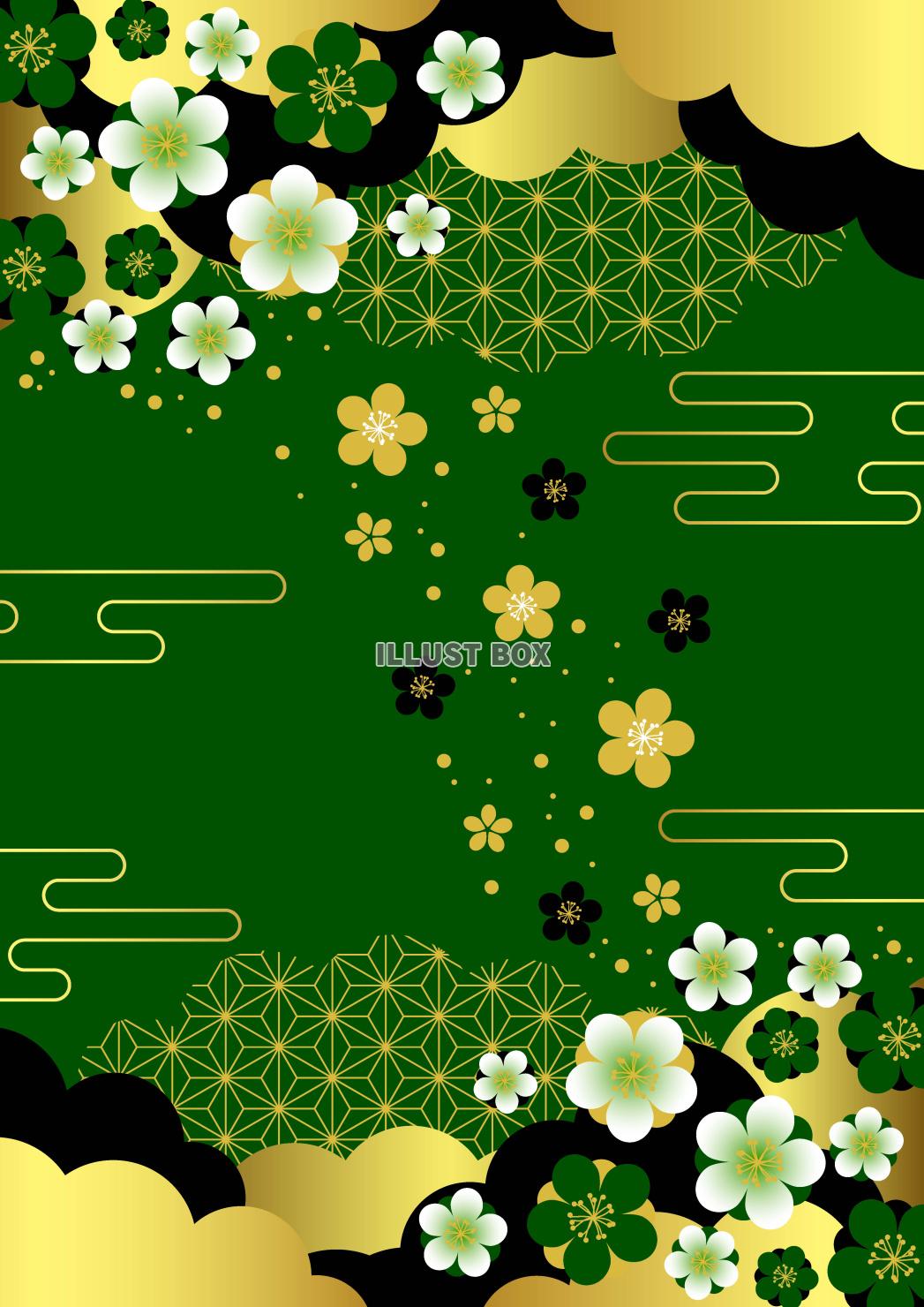 雲と梅の麻の葉模様・縦・緑地に金黒・背景