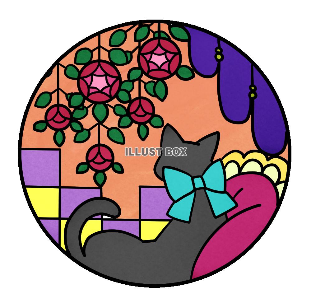 猫と花のステンドグラス風イラスト・薔薇