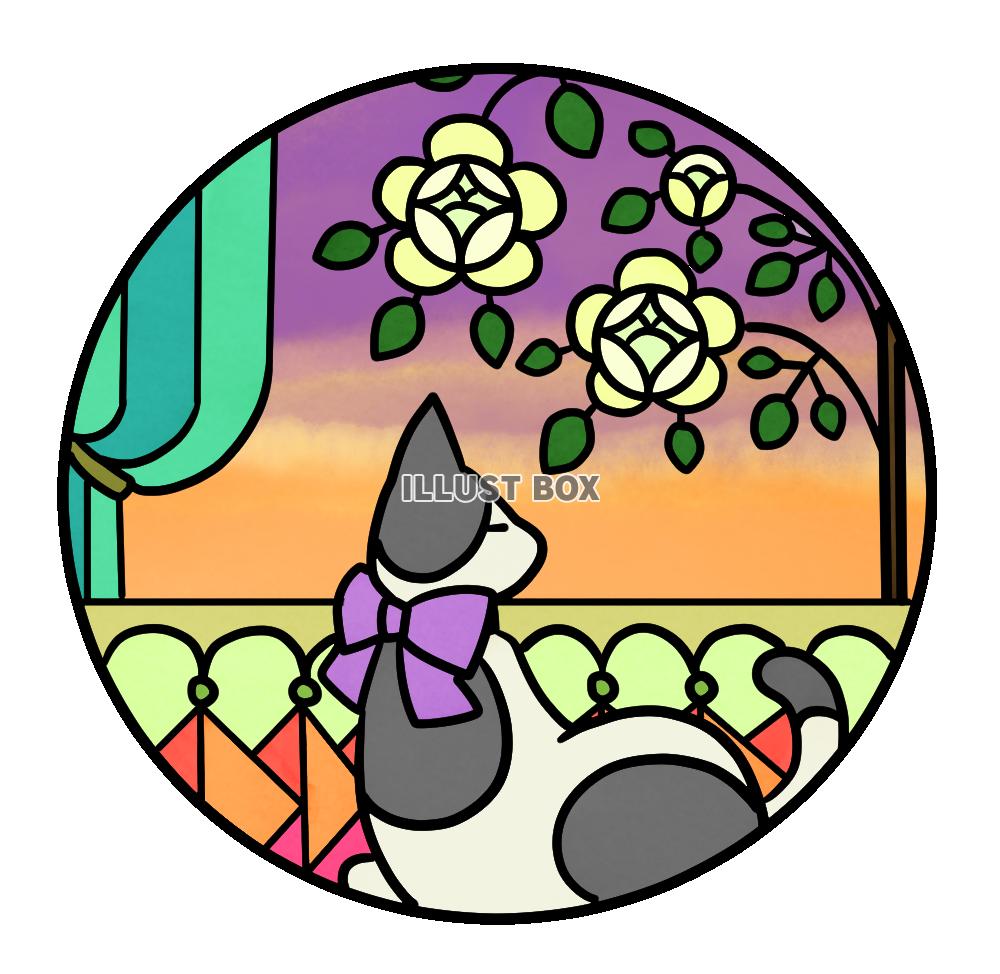 猫と花のステンドグラス風イラスト・白薔薇