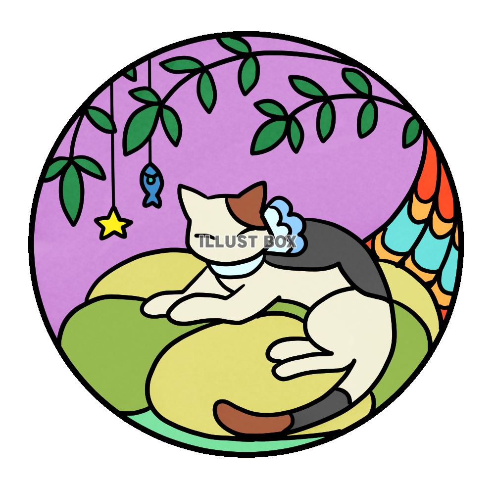 猫と植物のステンドグラス風イラスト・観葉植物