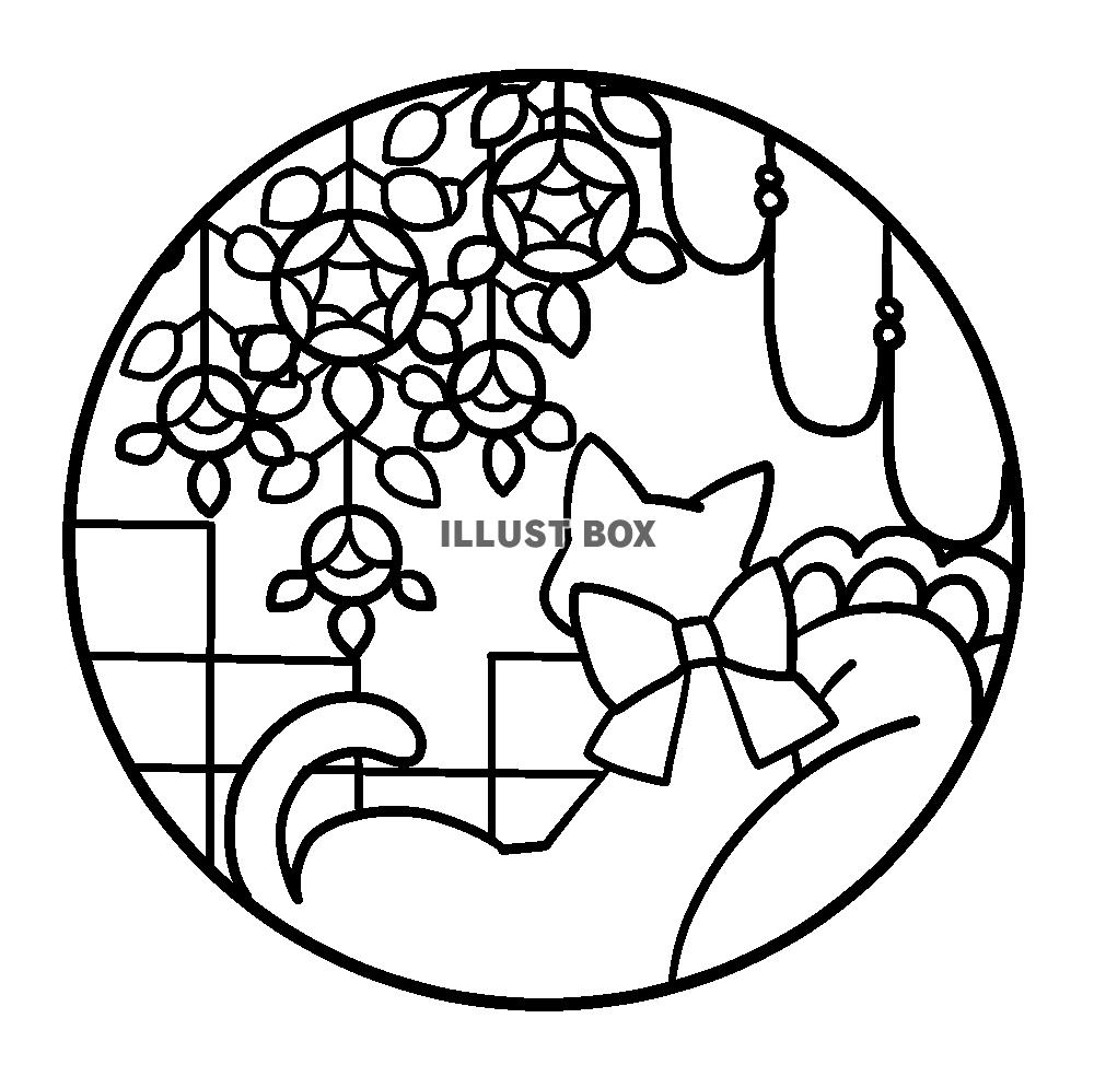 猫と花のステンドグラス風イラスト・バラの塗り絵