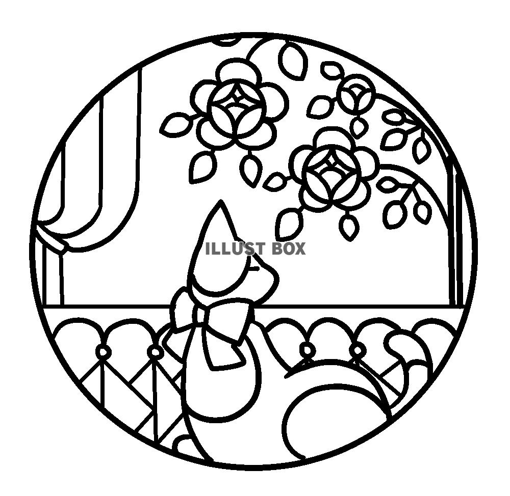 猫と花のステンドグラス風イラスト・バラ２の塗り絵