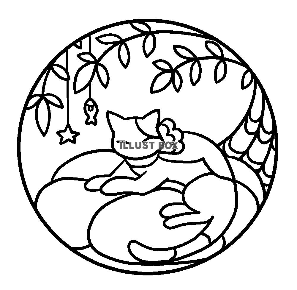猫と観葉植物のステンドグラス風イラストの塗り絵