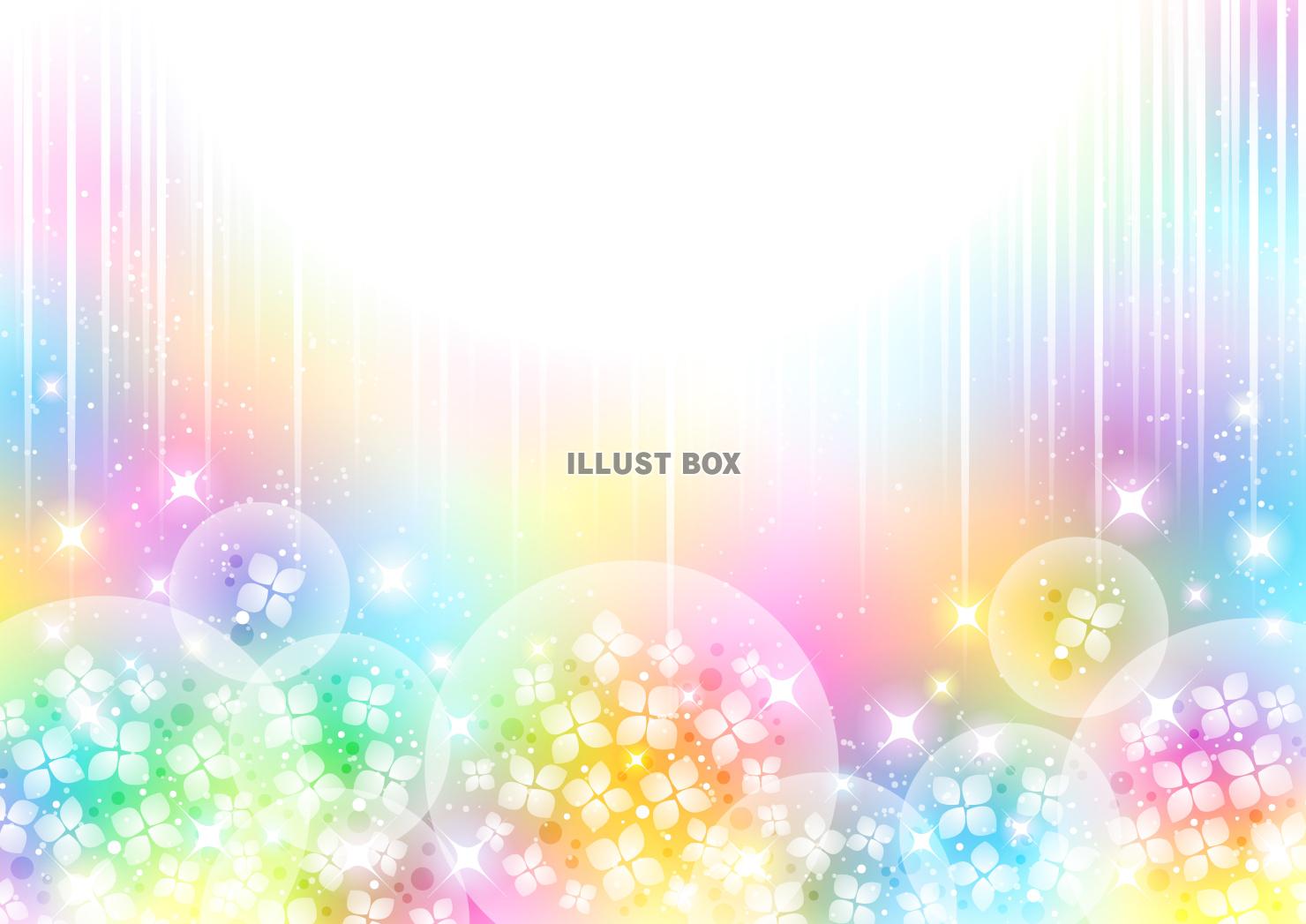 梅雨、あじさい玉、スピード線、虹色、横